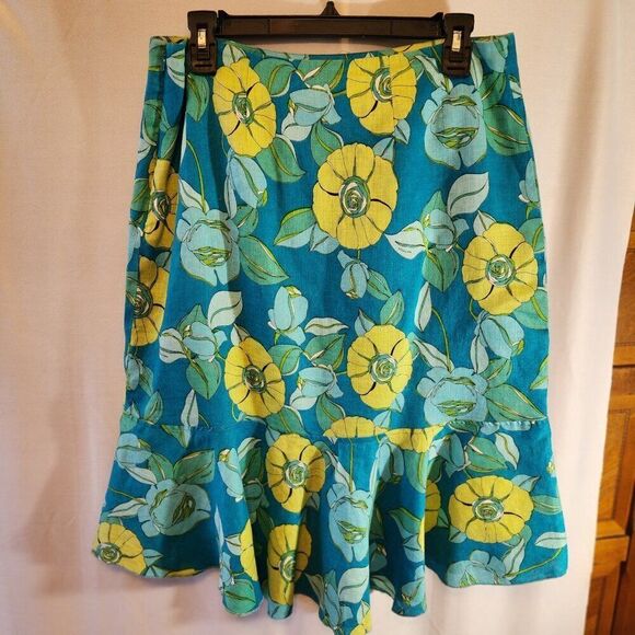 NYGARD COLLECTION, 100% LINEN TRUMPET SKIRT, TEAL/GREEN/YELLOW FLORAL SIZE 14 - Picture 5 of 8